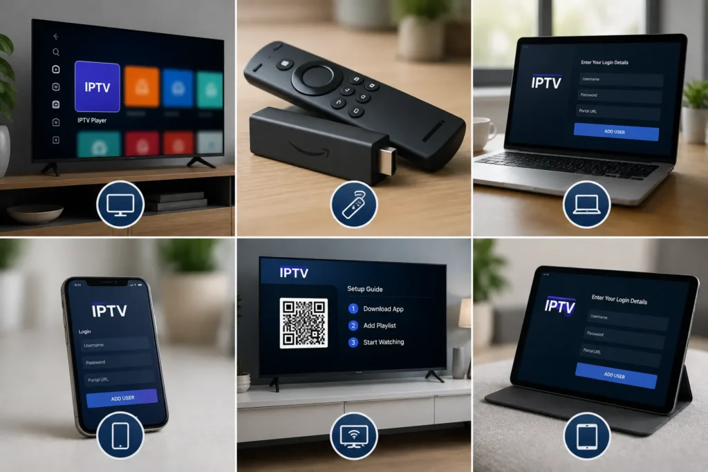 Dispositivos compatíveis com IPTV Luso incluindo Smart TV Fire TV Stick Android TV Apple TV smartphone tablet e computador